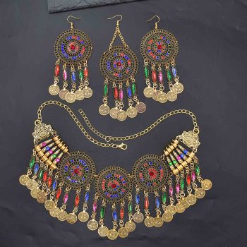N-7792 3 PCS Necklaces Hairband Earrings Sets For Women Bohemian Colorful Rhinestones Vintage Coin Tassels Jewelry Sets