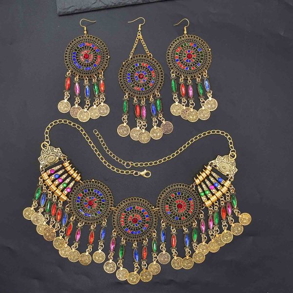 N-7792 3 PCS Necklaces Hairband Earrings Sets For Women Bohemian Colorful Rhinestones Vintage Coin Tassels Jewelry Sets