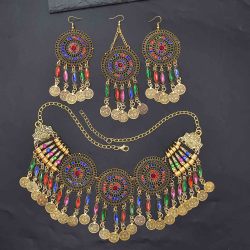 N-7792 3 PCS Necklaces Hairband Earrings Sets For Women Bohemian Colorful Rhinestones Vintage Coin Tassels Jewelry Sets