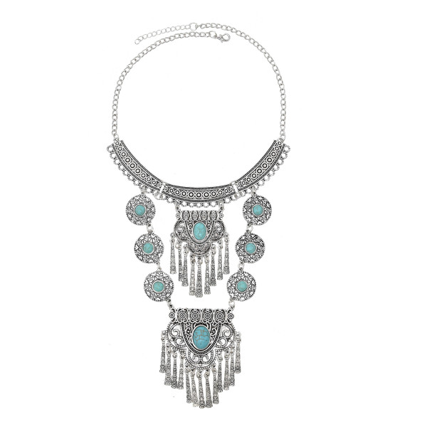 N-7798 Women Girls Antique Silver Choker Horn Tassel Pendant Necklace Gypsy Indian Party Jewelry Birthday Gift