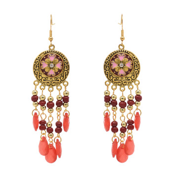 E-6473 5 Colors Ethnic Boho Dangle Bohemain Acrylic Beads Long Tassel Earrings for Women Carved Flower Indian Party Birthday Jewelry Gift