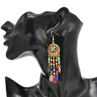 E-6473 5 Colors Ethnic Boho Dangle Bohemain Acrylic Beads Long Tassel Earrings for Women Carved Flower Indian Party Birthday Jewelry Gift