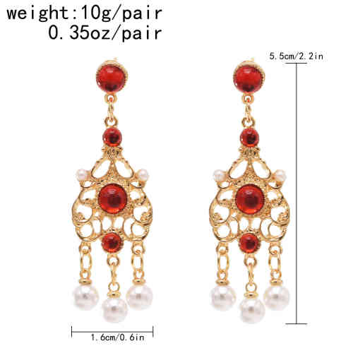 E-6472  Women Fashion Pearls Long Tassel Diamonds Ruby Pearl  Earrings Bridal Wedding Party Jewelry Gift