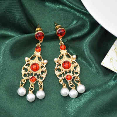 E-6472  Women Fashion Pearls Long Tassel Diamonds Ruby Pearl  Earrings Bridal Wedding Party Jewelry Gift
