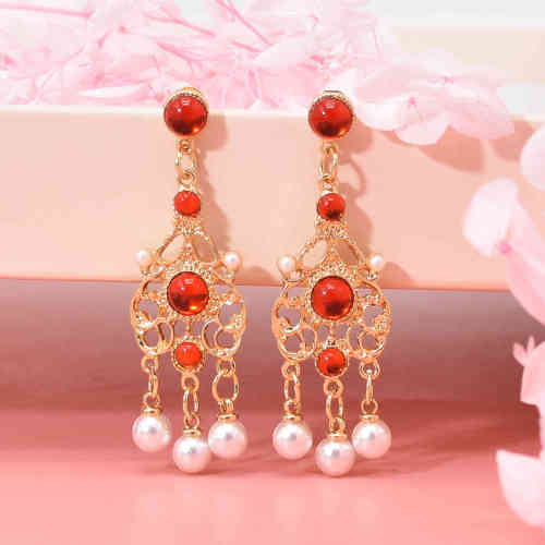 E-6472  Women Fashion Pearls Long Tassel Diamonds Ruby Pearl  Earrings Bridal Wedding Party Jewelry Gift