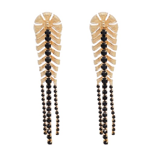 E-6477 Exquisite Gold Metal Big Flower Black Crystal Long Tassel Drop Earrings for Women Wedding Party Jewelry Gift