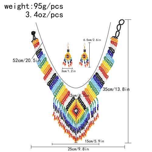 N-7808 Boho Vintage Colorful Seed Beads Dangle Earrings and Ethnic Necklace Set for Women Girls Dress Birthday New Year Gift