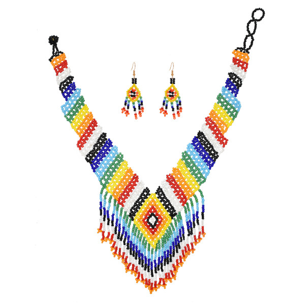 N-7808 Boho Vintage Colorful Seed Beads Dangle Earrings and Ethnic Necklace Set for Women Girls Dress Birthday New Year Gift