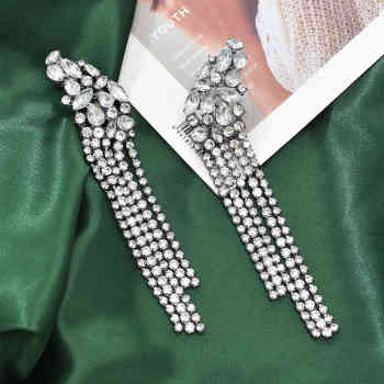E-6480 Fashion Geometric Crystal Long Tassel Drop Dangle Earrings for Women Bridal Wedding Party Jewelry Gift