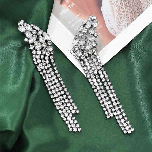 E-6480 Fashion Geometric Crystal Long Tassel Drop Dangle Earrings for Women Bridal Wedding Party Jewelry Gift
