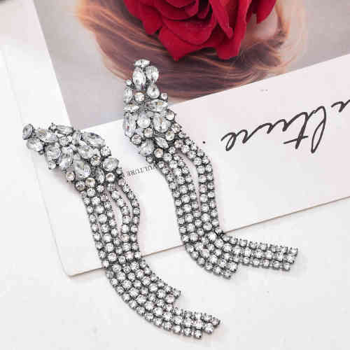 E-6480 Fashion Geometric Crystal Long Tassel Drop Dangle Earrings for Women Bridal Wedding Party Jewelry Gift