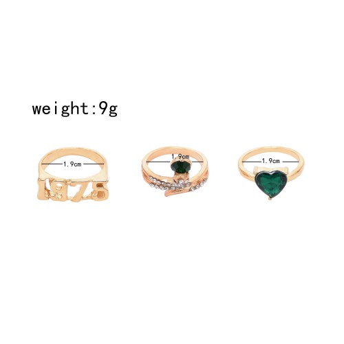 R-1570 3Pcs/Set Bohemian Vintage Gold Alloy Green Crystal Heart Snake Shape Midi Finger Rings Sets for Women Party Jewelry