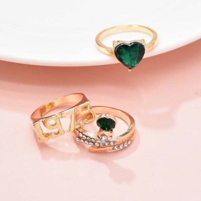 R-1570 3Pcs/Set Bohemian Vintage Gold Alloy Green Crystal Heart Snake Shape Midi Finger Rings Sets for Women Party Jewelry