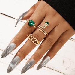 R-1570 3Pcs/Set Bohemian Vintage Gold Alloy Green Crystal Heart Snake Shape Midi Finger Rings Sets for Women Party Jewelry