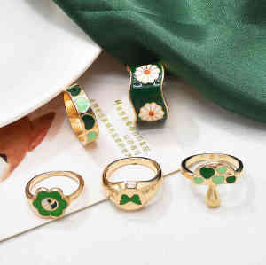 R-1571 5Pcs Set Vintage Gold Flowers Geometric Crystal  Finger Rings Sets for Women Boho Party Jewelry