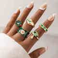 R-1571 5Pcs Set Vintage Gold Flowers Geometric Crystal  Finger Rings Sets for Women Boho Party Jewelry