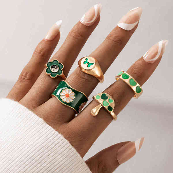 R-1571 5Pcs Set Vintage Gold Flowers Geometric Crystal  Finger Rings Sets for Women Boho Party Jewelry