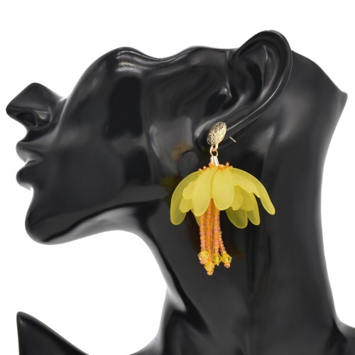 E-6482 4 Colors Acrylic Petal Flower Beaded Tassel Stud Earrings for Women