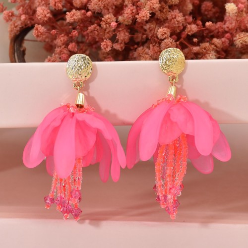 E-6482 4 Colors Acrylic Petal Flower Beaded Tassel Stud Earrings for Women