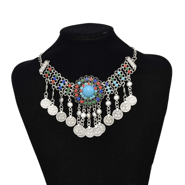 N-7815 Vintage Silver Color Metal Acrylic Beads Coin Tassel Necklaces for Women Bohemian Indian Gypsy Party Jewelry
