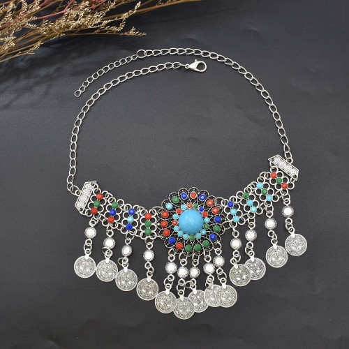 N-7815 Vintage Silver Color Metal Acrylic Beads Coin Tassel Necklaces for Women Bohemian Indian Gypsy Party Jewelry