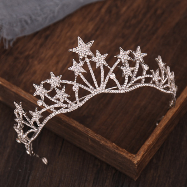 F-0821 Bridal Star Headband Crystal Rhinestones Silver Tiara Queens Princess Crown for Women Girls Wedding Birthday