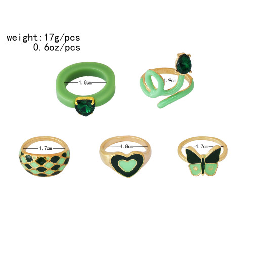 R-1573 5 Pcs/Set Bohemian Vintage Gold Alloy Green Crystal Heart-Shaped Snake Midi Ring Women's Party Jewelry Set