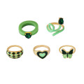 R-1573 5 Pcs/Set Bohemian Vintage Gold Alloy Green Crystal Heart-Shaped Snake Midi Ring Women's Party Jewelry Set