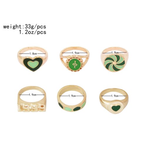 R-1572 6 PCS Ring Sets For Women Green Love Vintage Number Ring Party Finger Jewelry Sets