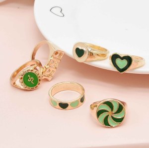 R-1572 6 PCS Ring Sets For Women Green Love Vintage Number Ring Party Finger Jewelry Sets