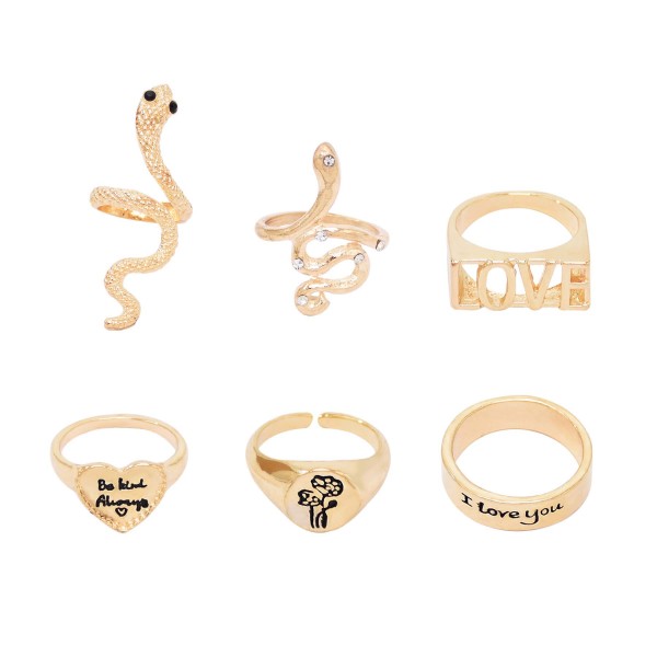 R-1575 6Pcs/Set Vintage Gold Bohemian Snake Shape Love Letter Midi Finger Rings Sets for Women Party Jewelry Accessories