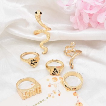 R-1575 6Pcs/Set Vintage Gold Bohemian Snake Shape Love Letter Midi Finger Rings Sets for Women Party Jewelry Accessories