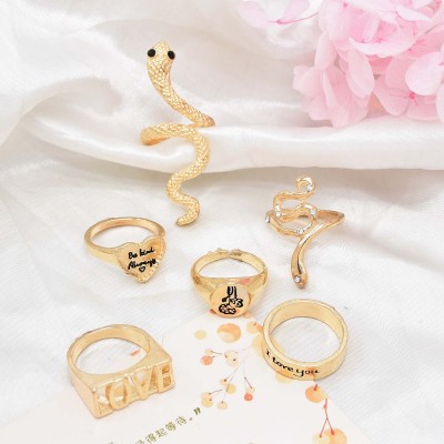 R-1575 6Pcs/Set Vintage Gold Bohemian Snake Shape Love Letter Midi Finger Rings Sets for Women Party Jewelry Accessories