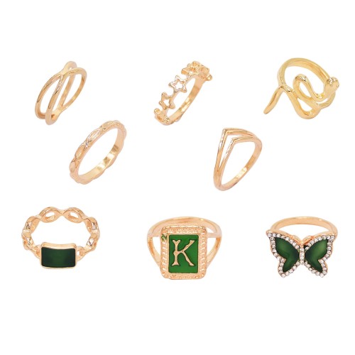 R-1574 8Pcs/Set Gold Fashion Butterfly Letter Geometric Rhinestone Ring for Women