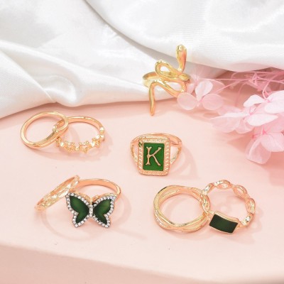 R-1574 8Pcs/Set Gold Fashion Butterfly Letter Geometric Rhinestone Ring for Women