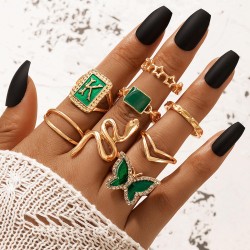 R-1574 8Pcs/Set Gold Fashion Butterfly Letter Geometric Rhinestone Ring for Women
