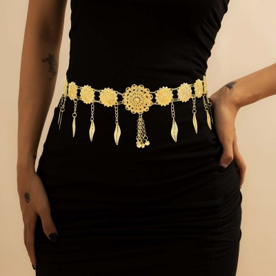 N-7822 Indian Gold Metal Flower Leaf Tassel Belly Chains for Women Dance Party Body Jewelry Accessories