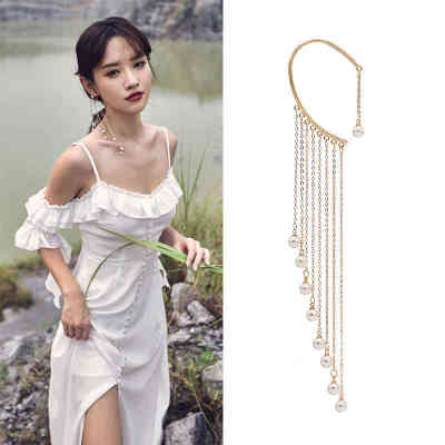 E-6492 New Elegant Women Pearl Ear Cuff Without Pierced Long Tassel Clip on Earrings Holiday Party Jewelry Gift