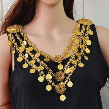 N-7828 3-Layer Gold Coin Tassel Crystal Flower Waist Chain Necklace Accessories