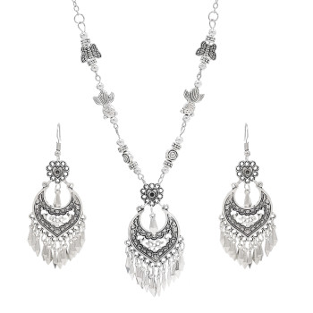 E-6497 N-7829 Boho Ethnic Vintage Heart Tassel Earrings and Forehead Pendant Butterfly Goldfish Chains Set for Women Girls Birthday Gift
