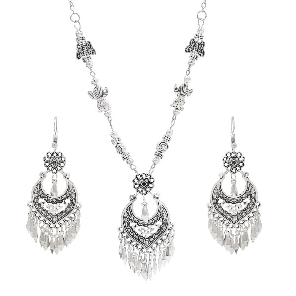 E-6497 N-7829 Boho Ethnic Vintage Heart Tassel Earrings and Forehead Pendant Butterfly Goldfish Chains Set for Women Girls Birthday Gift