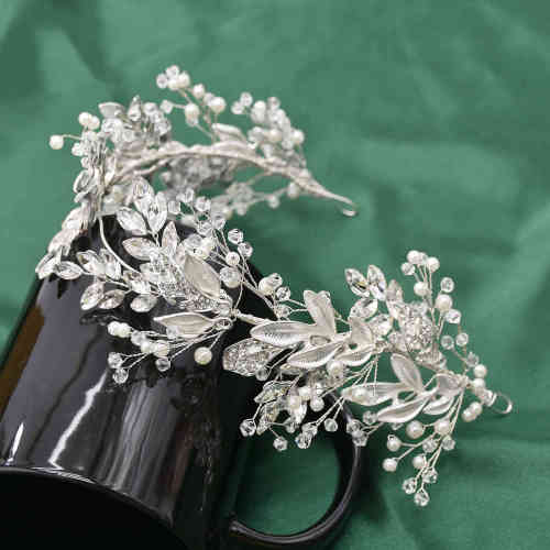 F-1006 Handmade Silver Wired Pearl Crystal Flower Leaf Headbands Headdress for Bridal Wedding Hair Accessories