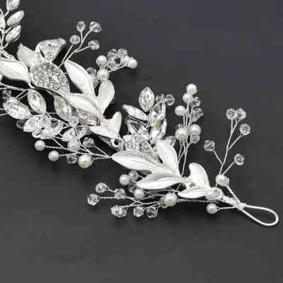 F-1006 Handmade Silver Wired Pearl Crystal Flower Leaf Headbands Headdress for Bridal Wedding Hair Accessories