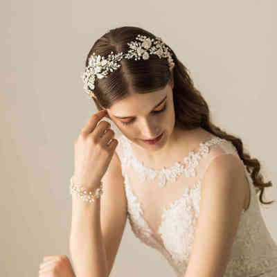 F-1006 Handmade Silver Wired Pearl Crystal Flower Leaf Headbands Headdress for Bridal Wedding Hair Accessories