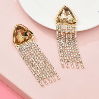 E-6500 Gold Long Rhinestone Chains Triangle Big Crystal Geometric Earrings for Women Girls
