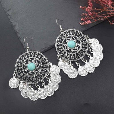 E-6501 Vintage Carved Women Earrings Coins Tassels Turquoise Drop Earrings Bohemian Gypsy Earrings