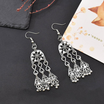 E-6503 Women Boho  Antique Silver Gypsy Indian Tribal Ethnic Dangle Earrings