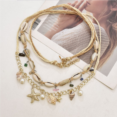 Ethnic Beach Natural Sea Shell Starfish Conch Pearl Rope Chain Necklace Choker For Women Girl Vacation Traveling Jewerly