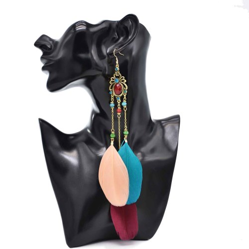 E-6505 Long Drop Earrings For Women Exaggerated Feather Pendant Vintage Bohemian Ethnic Indian Jhumka Earrings