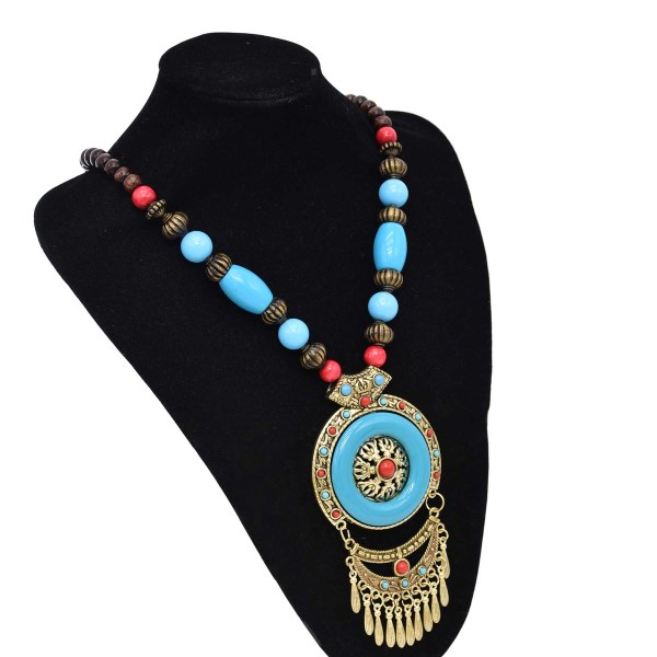 N-7845 Acrylic Gem Beaded Round Pendant Necklace Tibetan Ethnic Choker Necklaces